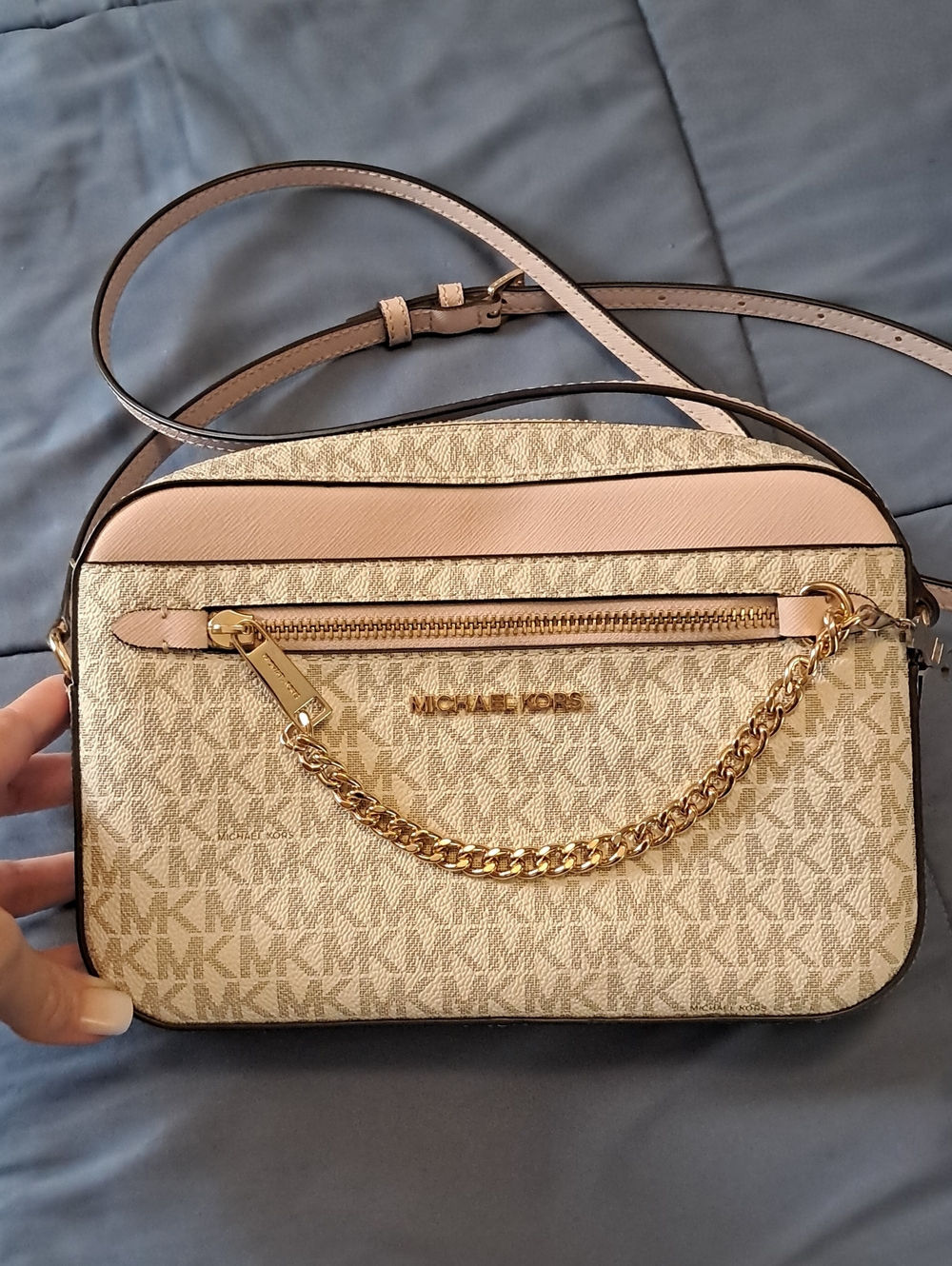 Michael Kors Beige Monogram and Pink Trim Crossbody Bag